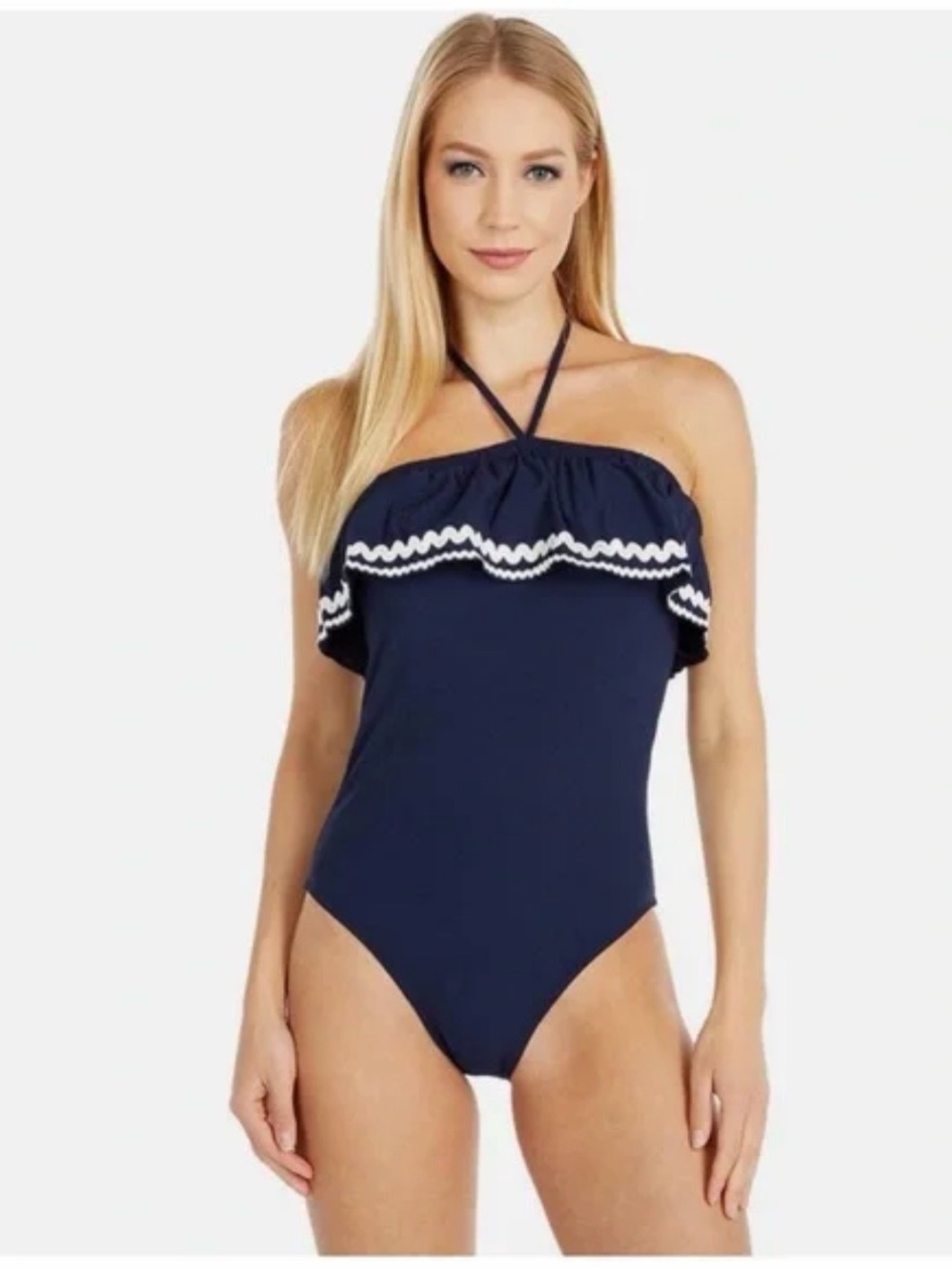 J. Crew Navy One-Piece with White Ruffle Trim